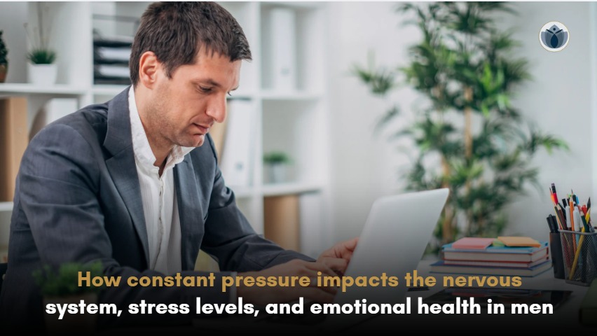 Man experiencing chronic stress and mental pressure, illustrating the effects of prolonged stress on the nervous system and men's mental health.