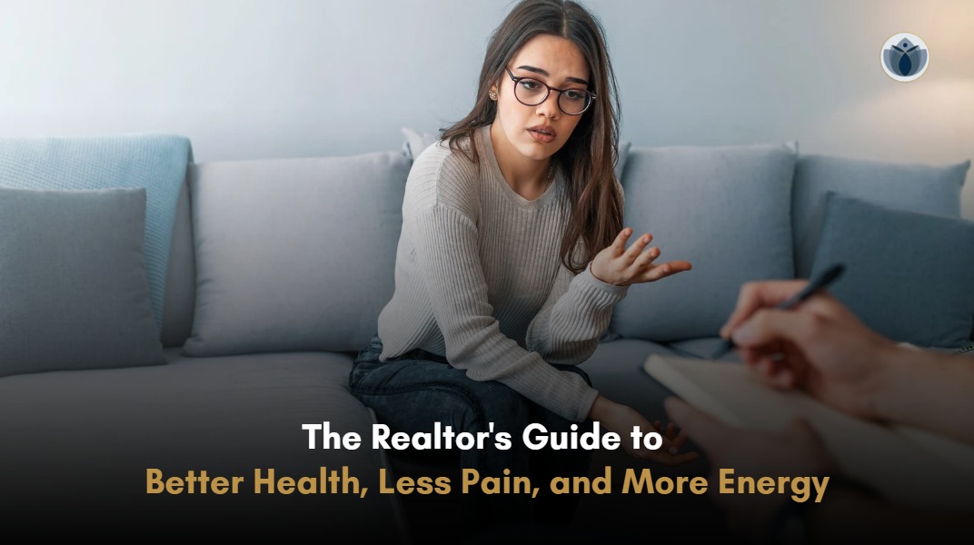 Real estate agent practicing natural stress relief techniques to manage back pain, reduce burnout, and improve overall wellness through holistic care.